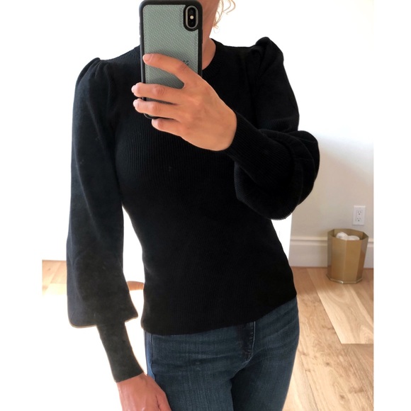 DENMARK Black Puff Sleeve Ribbed Fitted Sweater - Picture 2 of 6